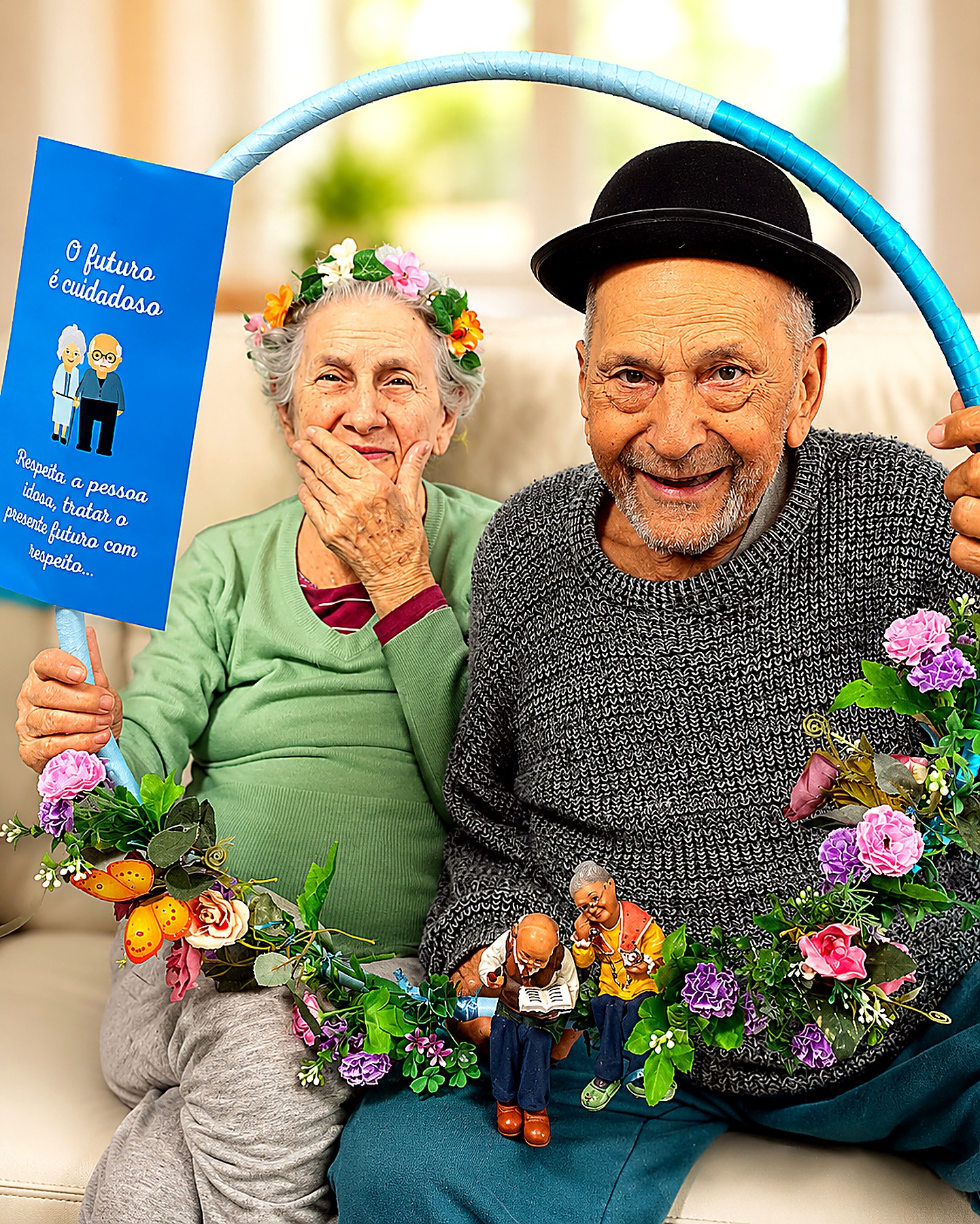 Casal de residentes sob um arco de flores
